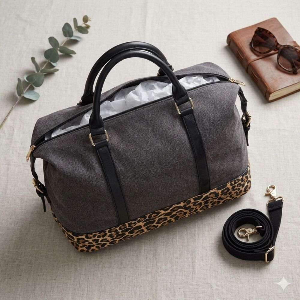 Charcoal Grey/Blue Canvas Weekender Bag Leopard Cheetah Print Duffle Tote NWOT